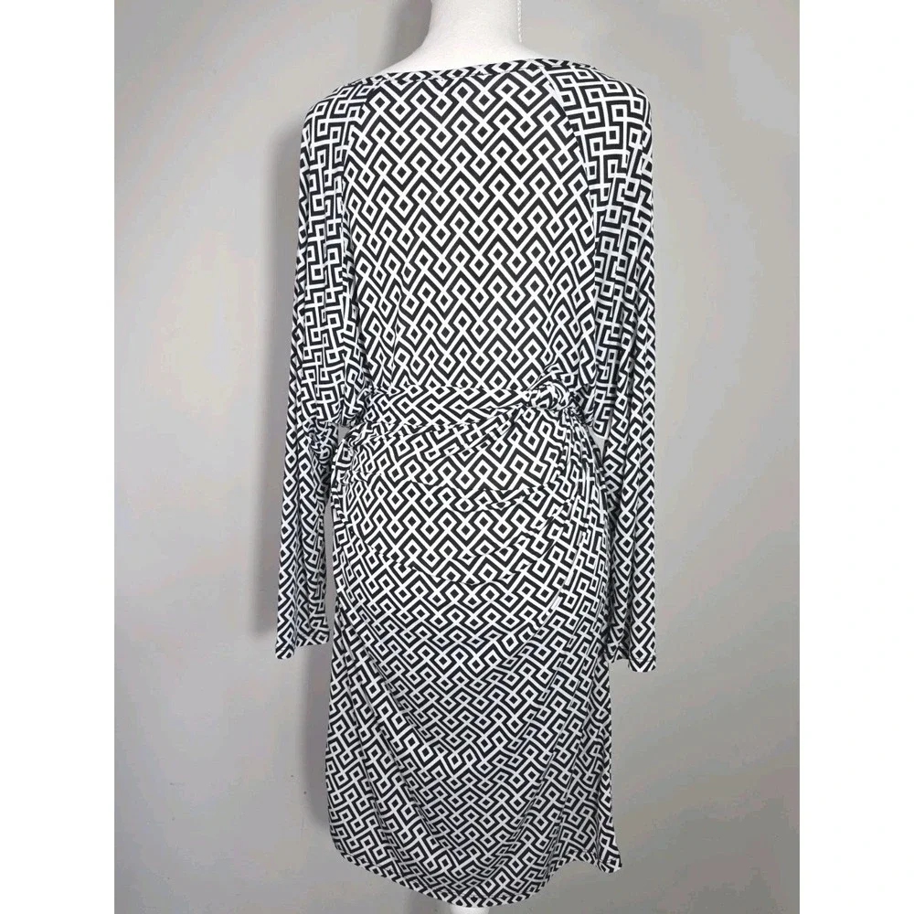 Michael Kors Belted Geometric Shift Dress Black White Long Sleeve Size S